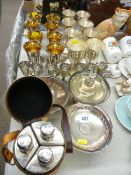 Collection of EP goblets and stands and a three part bottle set with plated mounts in a hide case