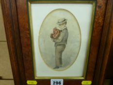 Oval watercolour study - young boy with cockerel