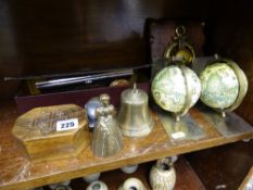Pair of globe bookends, vintage chocolate box, two brass bells etc