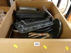 Box of kitchen cookware and cutlery etc