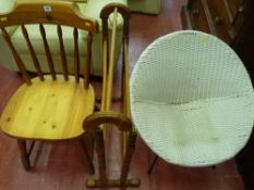 Pine farmhouse chair, pine towel airer and a basket weave metal framed tub chair
