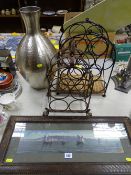 Oak framed Oriental oil on panel of boats, character marked lower right, two vintage style wine