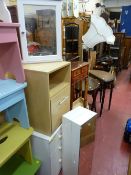 Modern white three drawer bedside cabinet, a light wood bedside cabinet with drawer and two bathroom