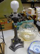 Converted vintage table lamp, pewter style with column decoration and trefoil base mounted with