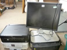 Dell monitor on stand, two Epson copier/printers and one other E/T