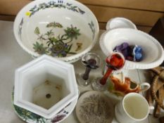 Portmeirion pottery fruit bowl, a Japanese planter on stand, two coloured glass vases, a Prince