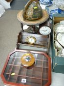 Tabletop globe icebox, vintage mantel clock, small lidded display case etc