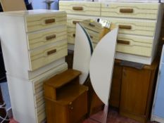 Modern dressing table, two matching bedside chests, a mid Century dressing table with two