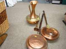 Two Victorian copper wooden handled bedwarming pans, a large jug and a hunting style horn