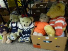 Box of cuddly toys and vintage dolls, two Millennium 2000 collection bears on rocking chairs and a