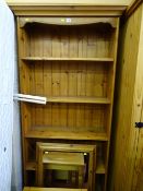 Tall modern pine open bookcase and a pine framed wall mirror