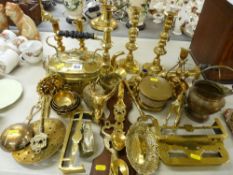 Collection of vintage and other brassware including a near square kettle, three miniature fenders