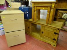 Mexican pine entertainment unit with cupboard doors, a two drawer light wood filing cabinet and a