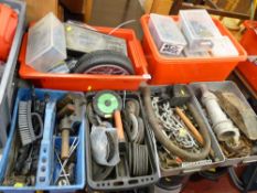 Two red tubs containing tap and die set and various nuts, bolts, nails and fixings, two metal