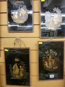 Four vintage Oriental glass panels with raised lacquerwork scenes of couples in garden settings