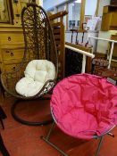Basket type garden swing chair on stand and a folding chair