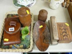 Quantity of treen boxes and containers, two glass dressing table boxes with EP lids, a vintage