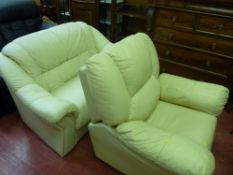 Compact cream two seater faux leather couch and single armchair