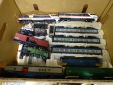Box of 00 gauge Hornby trains and carriages