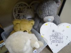 Large 'Tatty Teddy' soft toy and two others along with two heart shaped painted wall decorations