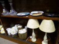 Pair of decanters with stoppers, two decorative table lamps, an ornamental vase with seashell
