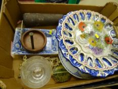 Longcase clock weight, wheel cut glass rummer, quantity of decorative plates etc