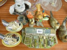 Two small Staffs hen on nests along with other ornamental bird figurines etc