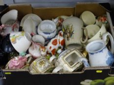Box of vintage crockery including a Sadler teaset (teapot lid missing), a Victorian cow creamer (