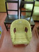 Pair of farmhouse style chairs and a small wicker chair