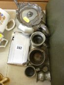 Pewter type teapot, three small measures, chrome cigarette case and lighter etc