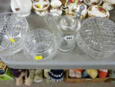 Three cut glass bowls, a stag decorated lidded tankard etc
