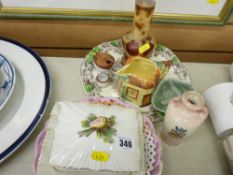 Two Victorian ribbon plates, lidded sardine dish, a floral decorated milk glass vase etc