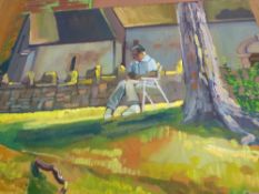 JOHN CHERRINGTON oil on board - bright depiction of a seated man reading a book in a sunny garden