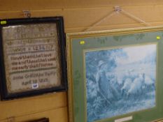 Period sampler dated 1869 and a print - 'The Shepherd's Daughter'