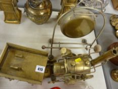 Brass gong and ornamental brass steam engine with cart