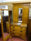 Modern light wood cheval mirror and a late Victorian single door wardrobe and dressing table