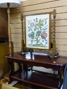 Reproduction wood effect two tier oblong table, polished standard lamp and shade and a barley