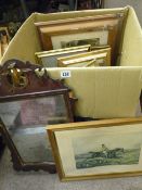 Box of paintings, prints, Georgian wall mirror etc