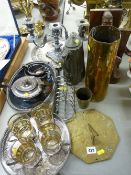 Pair of carved bust bookends, electroplate ware, brass sundial etc