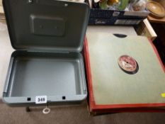 Parcel of old vinyl records and a secure metal box with key