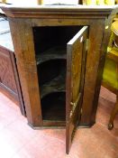 Antique oak single door hanging corner cupboard with brass fittings