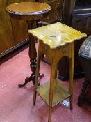 Polished two tier square planter stand and a reproduction mahogany circular topped planter stand