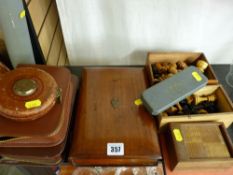 Two cased gent's vanity sets, mahogany stationery box, chess pieces etc (a parcel)