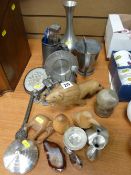 Parcel of white metalware, carved treen, pewter etc