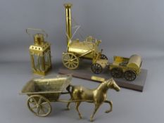 Brass model of Stephenson's Rocket on plinth, a horse and carriage and a small hanging lantern