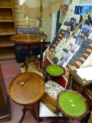 Parcel of four wine tables, two upholstered top stools, a cane topped stool, a pseudo onyx and brass