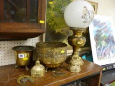 Parcel of decorative brassware, oil lamp with woodpecker decorated shade etc
