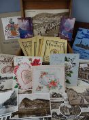 Vintage lidded box and contents including a leather pouch, a Cardiff 'Wings for Victory Week'