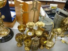 Brass balance scales, vases etc