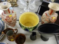 Pair of Satsuma vases, items of copper lustre, Majolica style planter etc